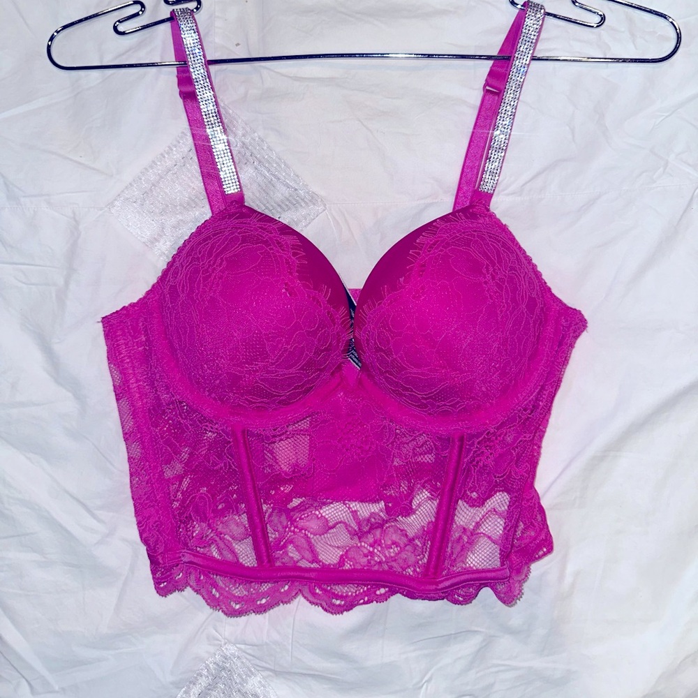 Victoria’s Secret corset bra hot pink rhinestone straps NWT 34b